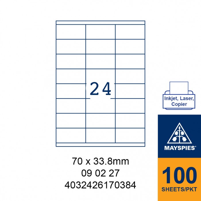 MAYSPIES 09 02 27 LABEL FOR INKJET / LASER / COPIER 100 SHEETS/PKT WHITE 70X33.8MM